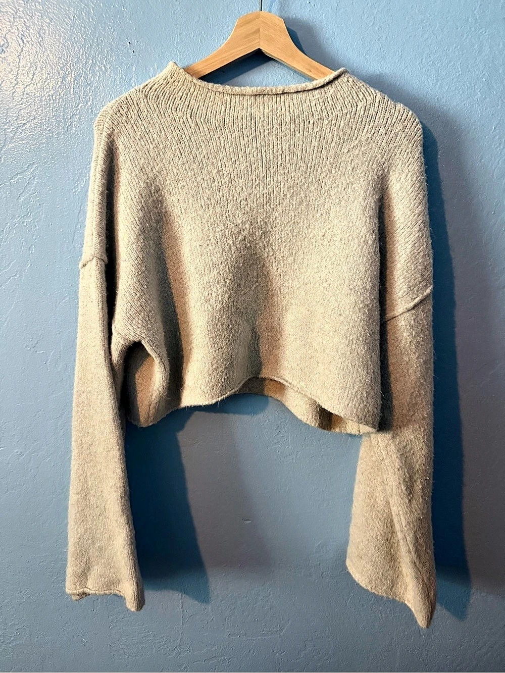 Free People Cropped Crewneck Sweater Beige Medium